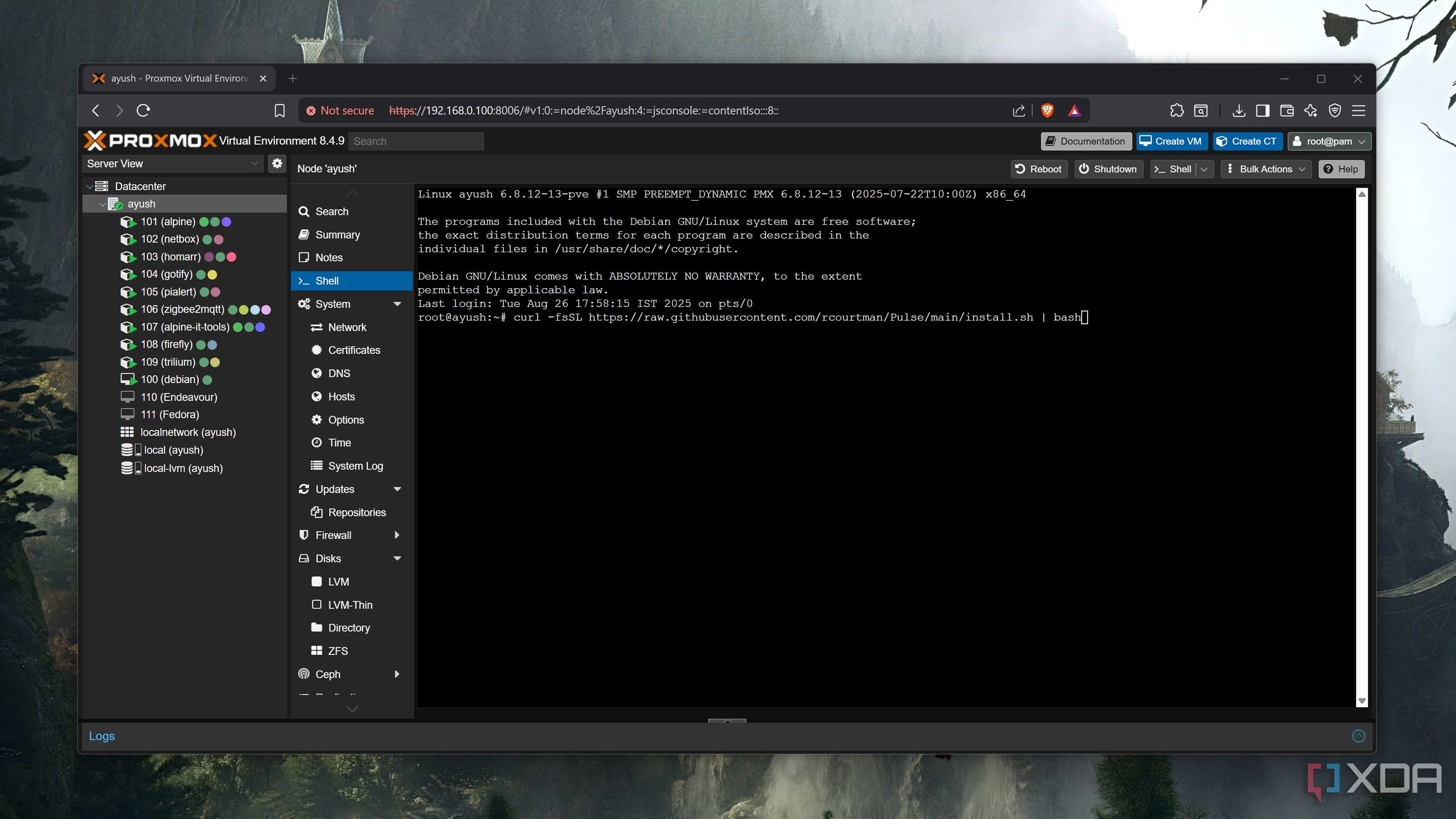 The command to install Pulse on Proxmox