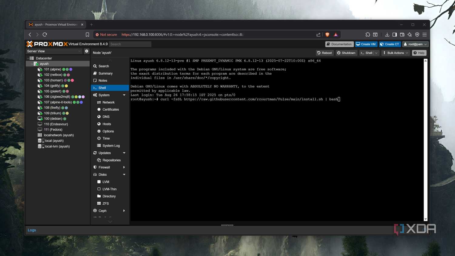 The command to install Pulse on Proxmox