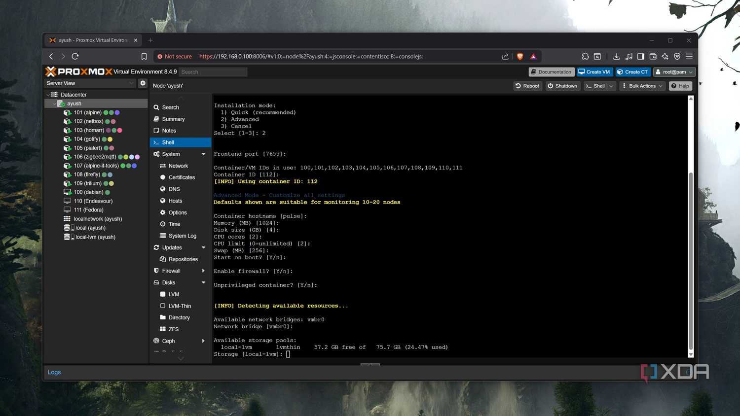 The advanced setup options when installing Pulse on Proxmox