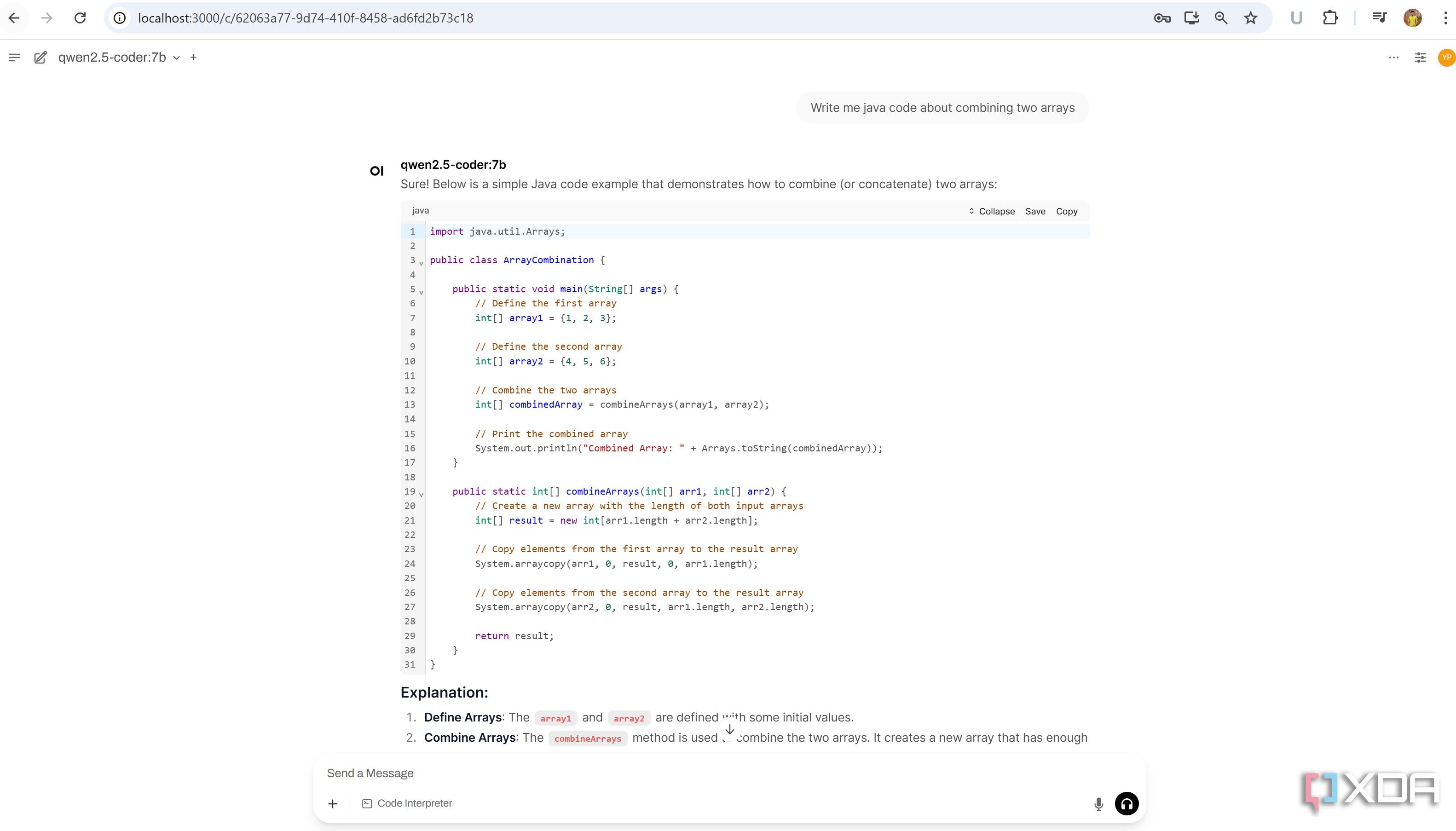 qwen coder llm showing code example in WebUI