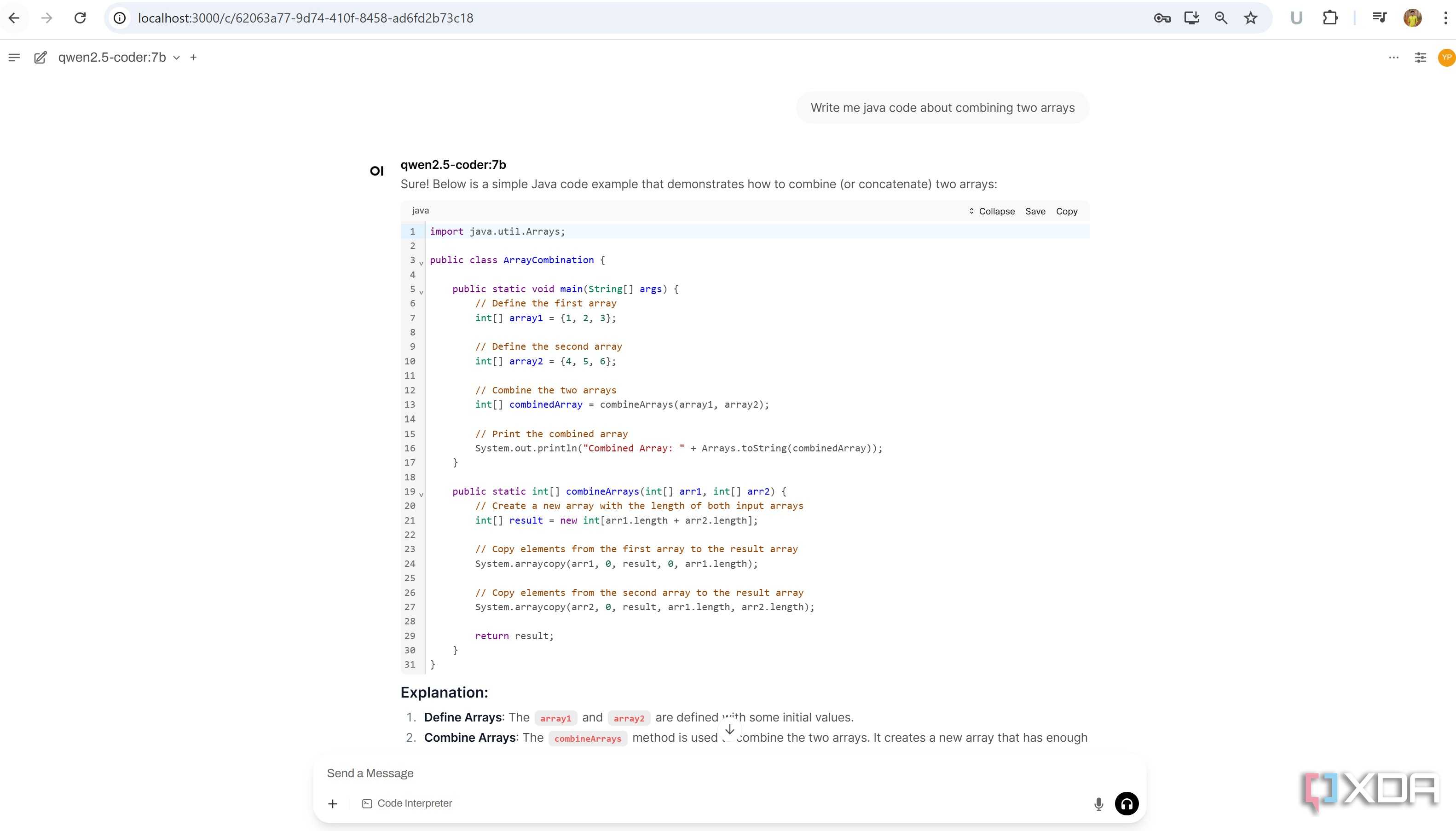 qwen coder llm showing code example in WebUI