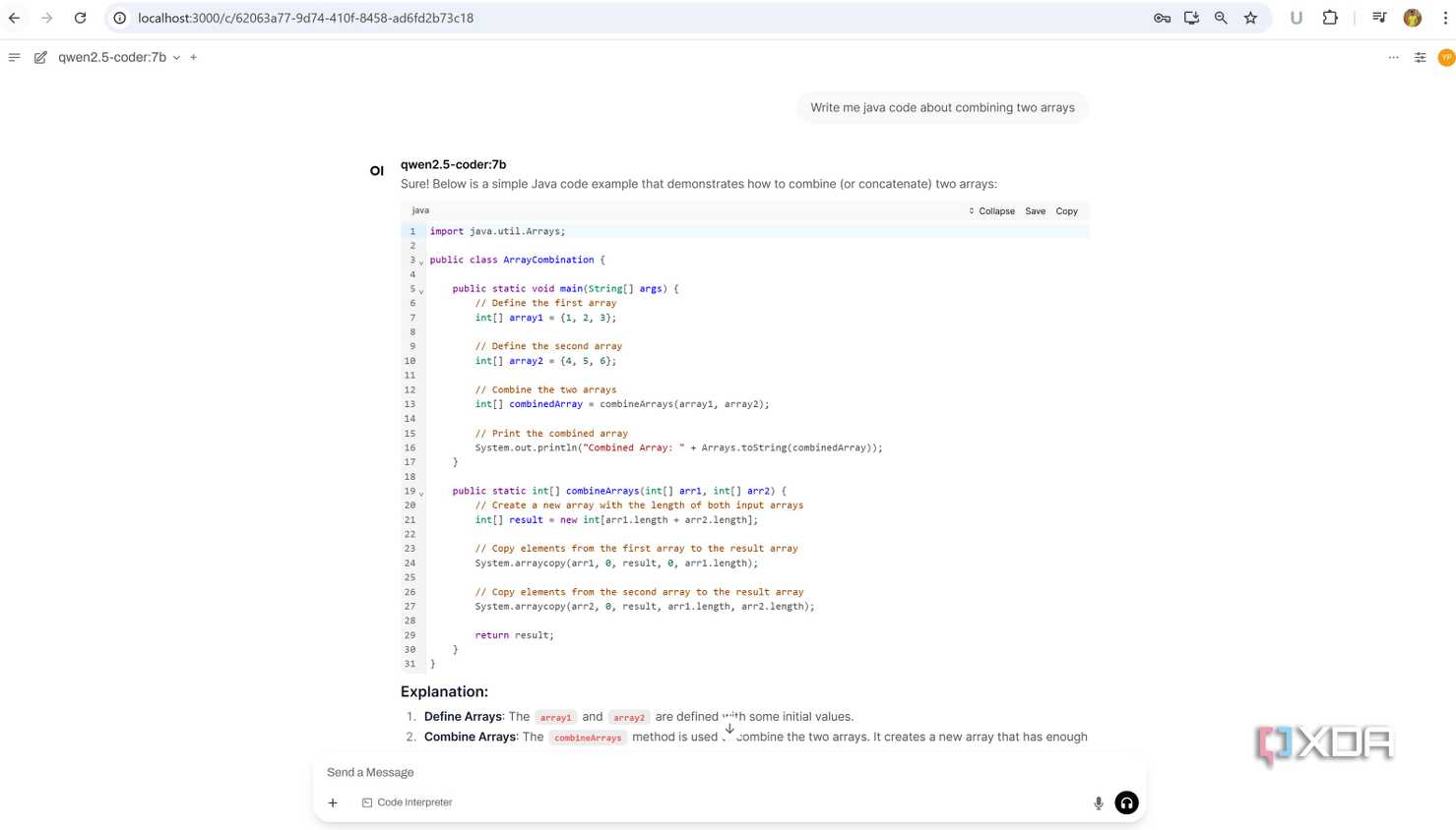 qwen coder llm showing code example in WebUI