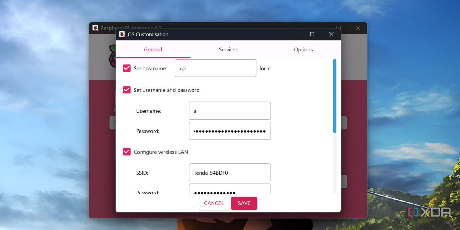screenshot of raspberry pi imager adding user and wifi to moode audio player