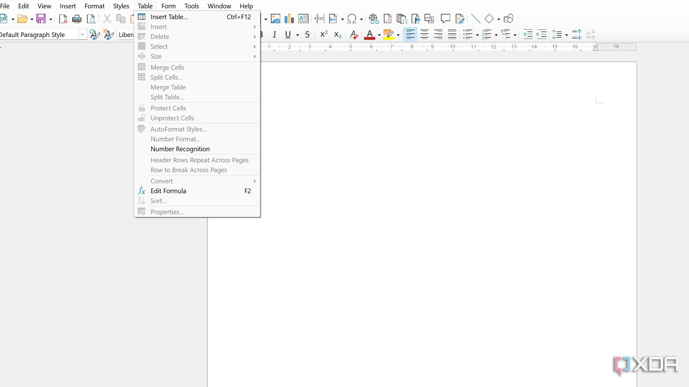 LibreOffice table menu