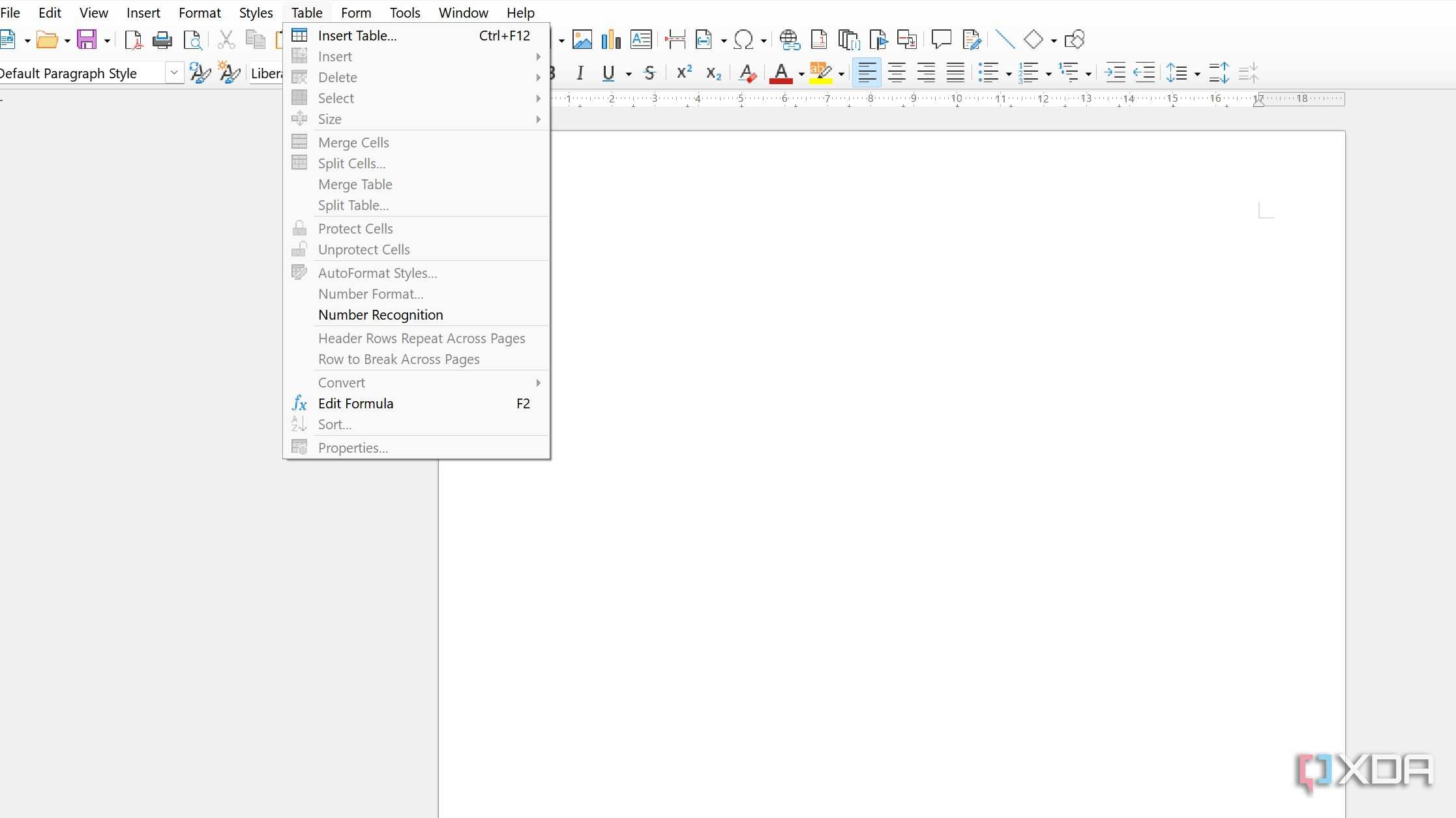 LibreOffice table menu