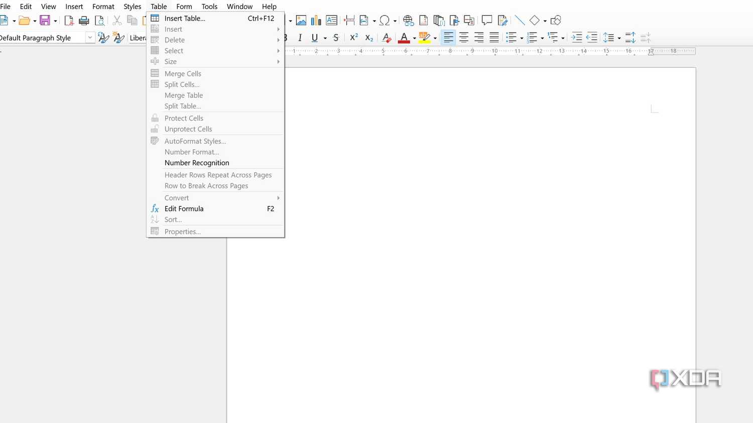 LibreOffice table menu