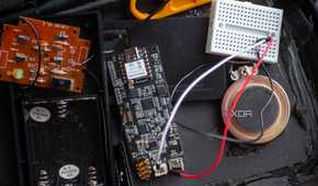 ReSpeaker Lite connected to a breadboard with wires to a speaker