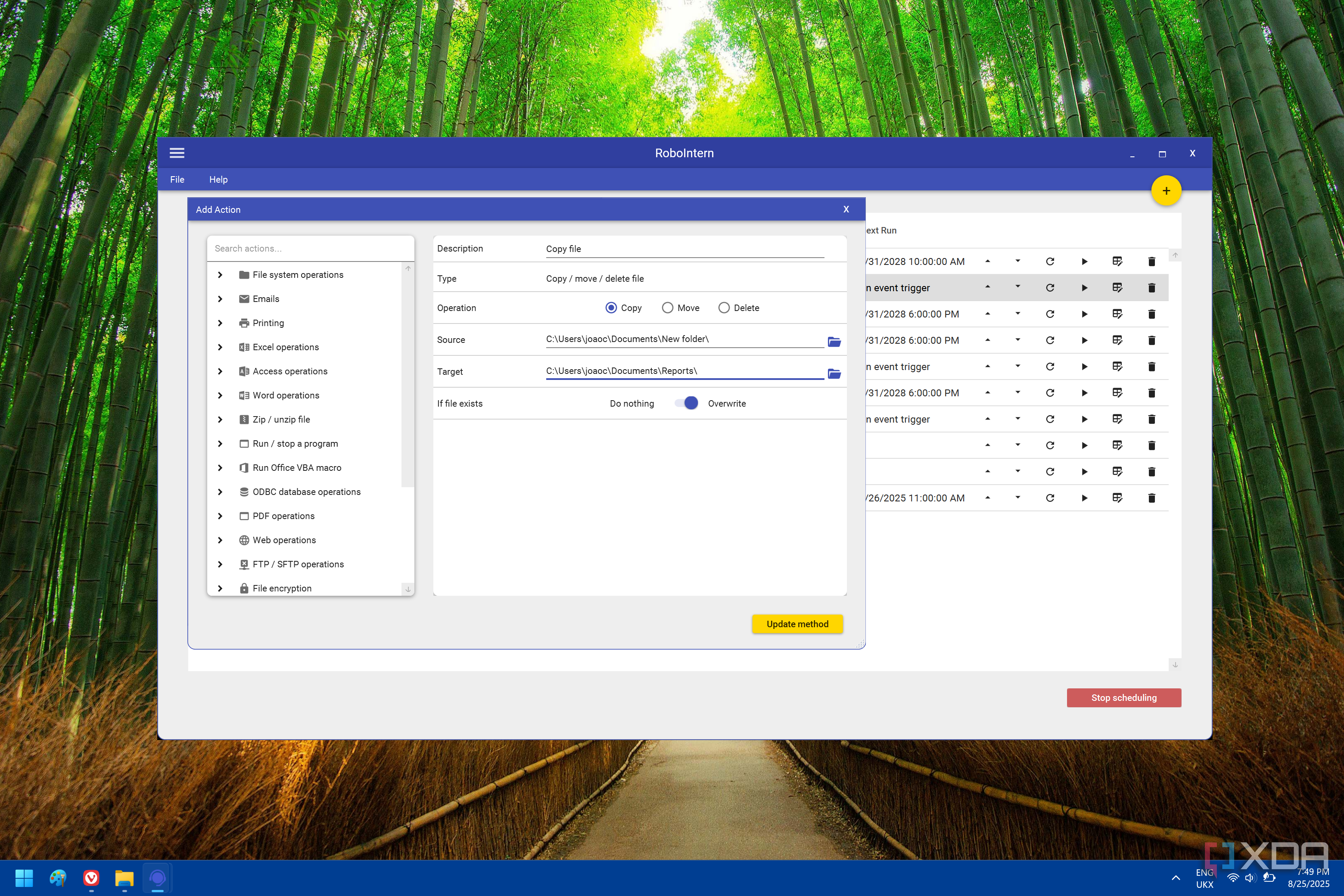 SAcreenshot of RoboIntern showing options for adding a copy action to a task