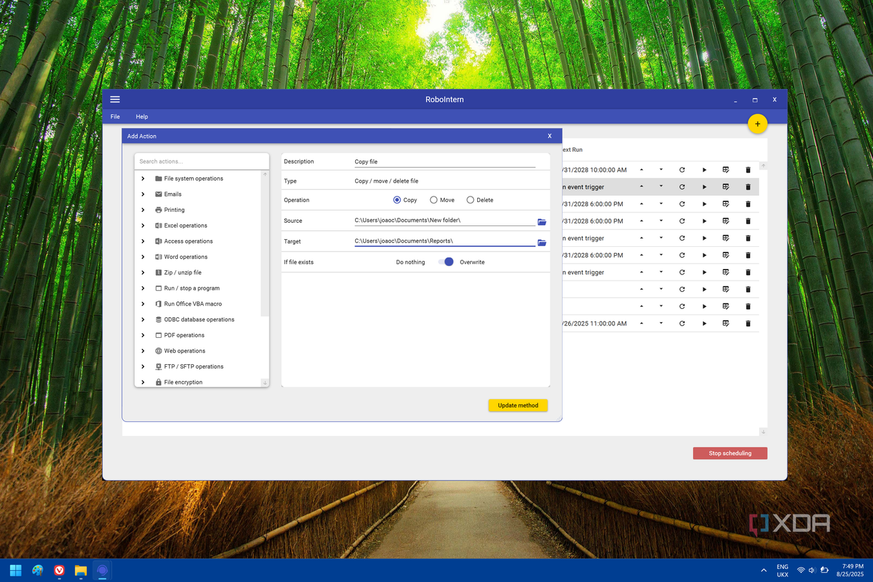 SAcreenshot of RoboIntern showing options for adding a copy action to a task