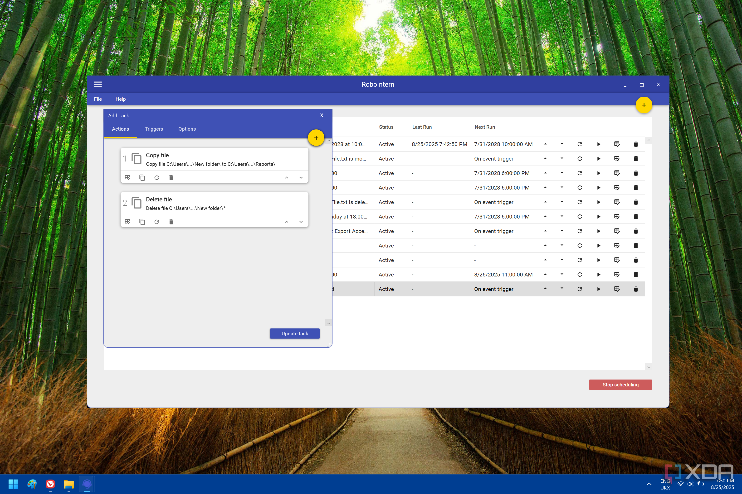 Screenshot of RoboIntern showing a couple of actions added onto a task