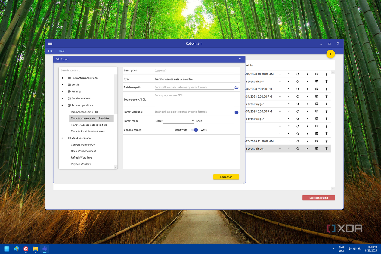 SAcreenshot of RoboIntern showing options for adding an action to copy data from Microsoft Access to Excel