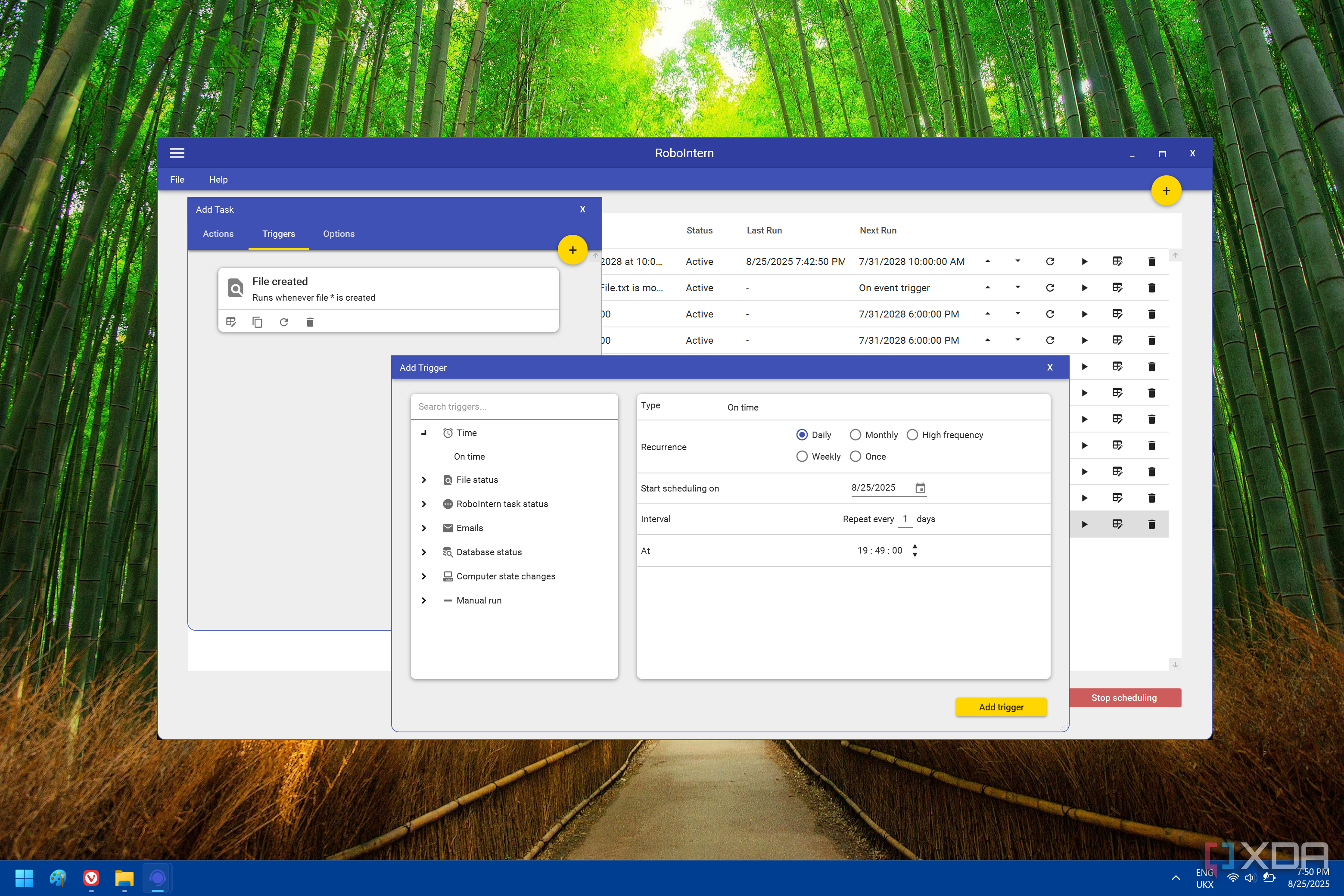Screenshot of RoboIntern showing options for adding a trigger to a task