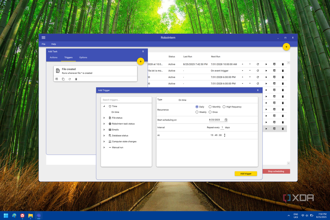 Screenshot of RoboIntern showing options for adding a trigger to a task
