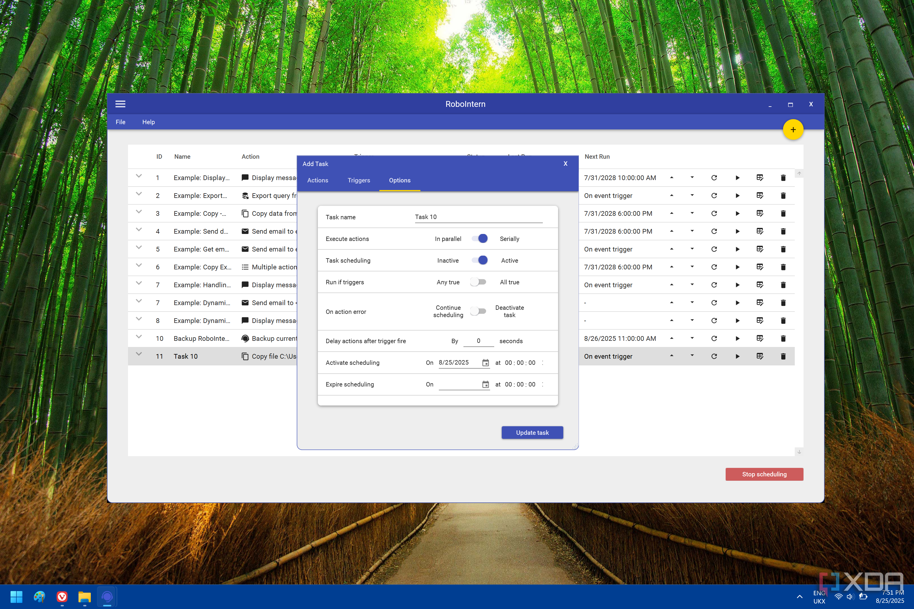 Screenshot of RoboIntern showing additional settings for a task