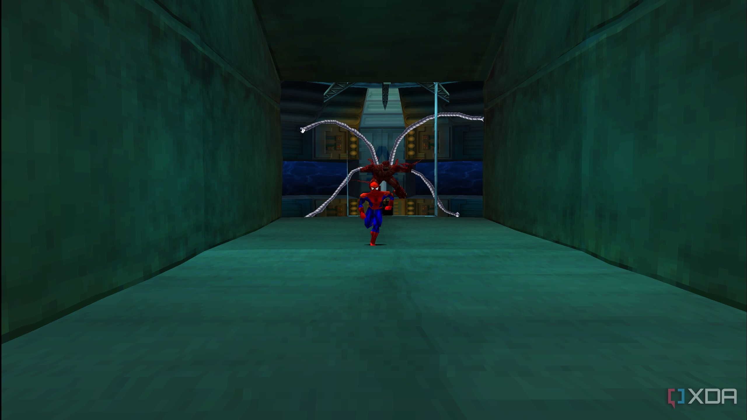 Monster Ock chasing Spider-Man through a tunnel in Spider-Man PS1.