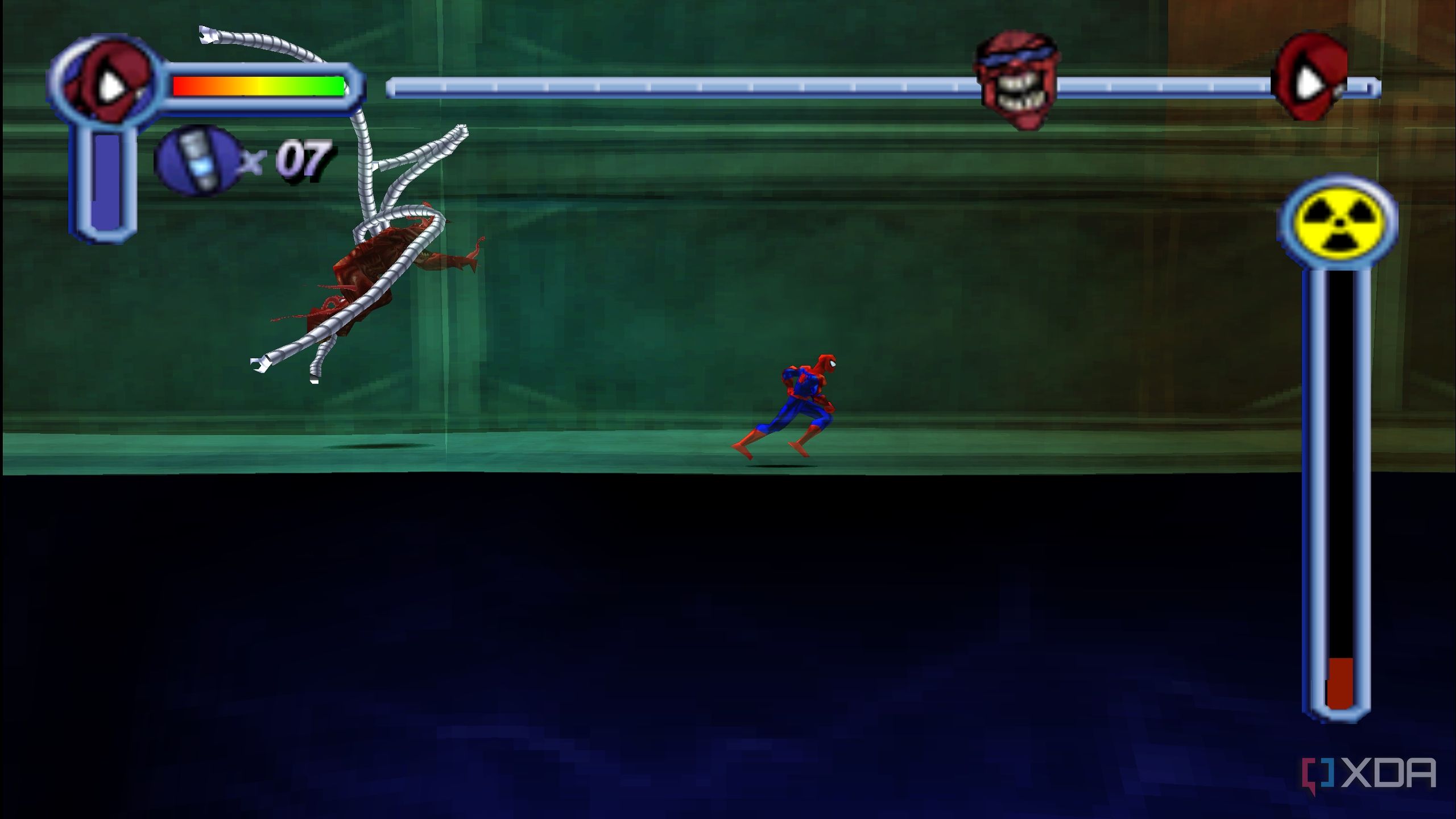 A side view of Monster Ock chasing Spider-Man in PS1's Spider-Man.