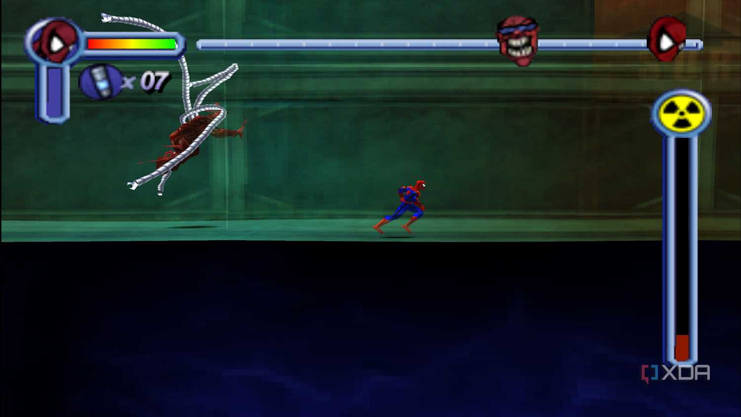A side view of Monster Ock chasing Spider-Man in PS1's Spider-Man.