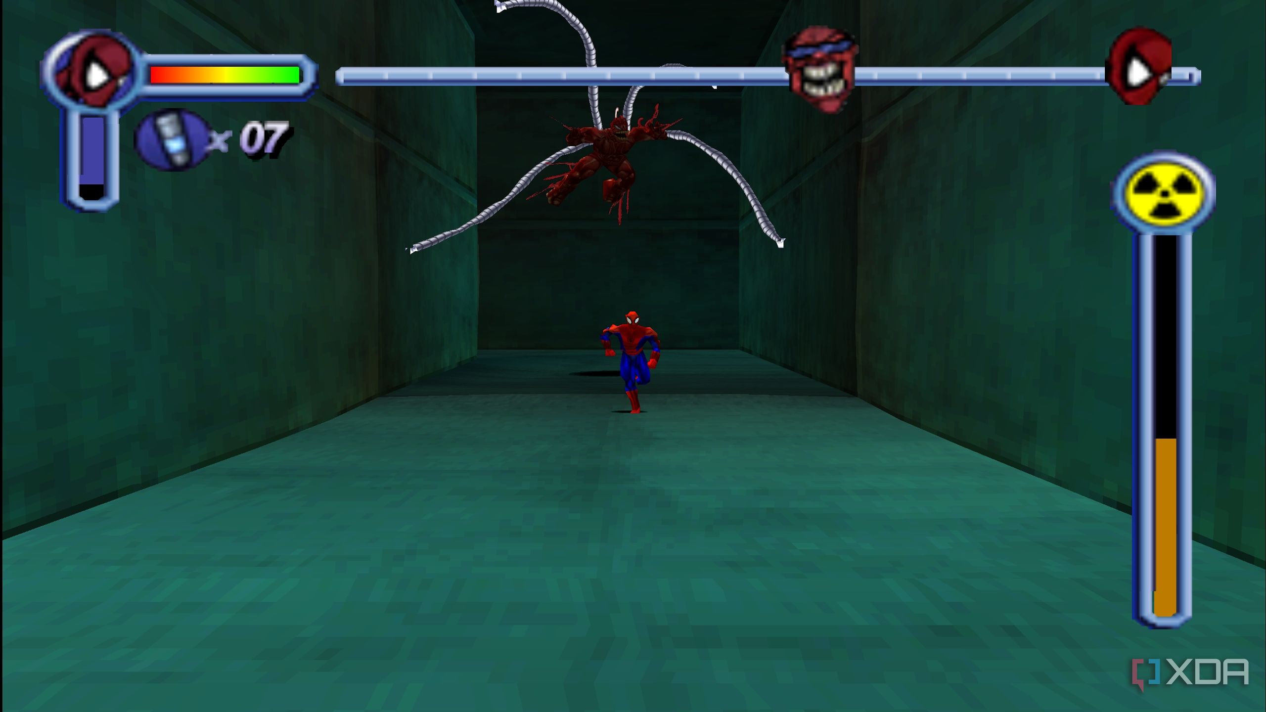 Spider-Man outrunning Monster Ock in Spider-Man PS1.