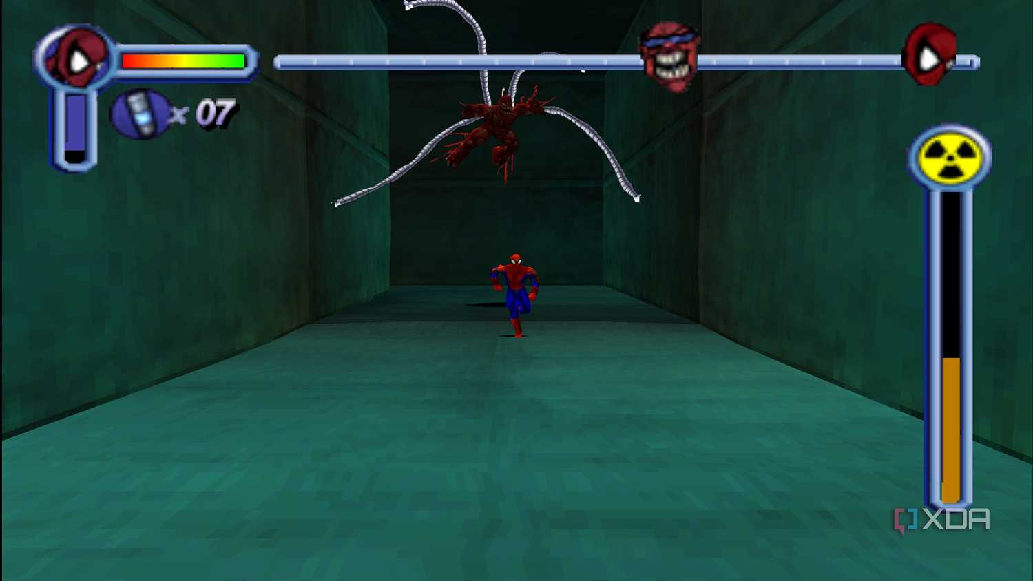 Spider-Man outrunning Monster Ock in Spider-Man PS1.
