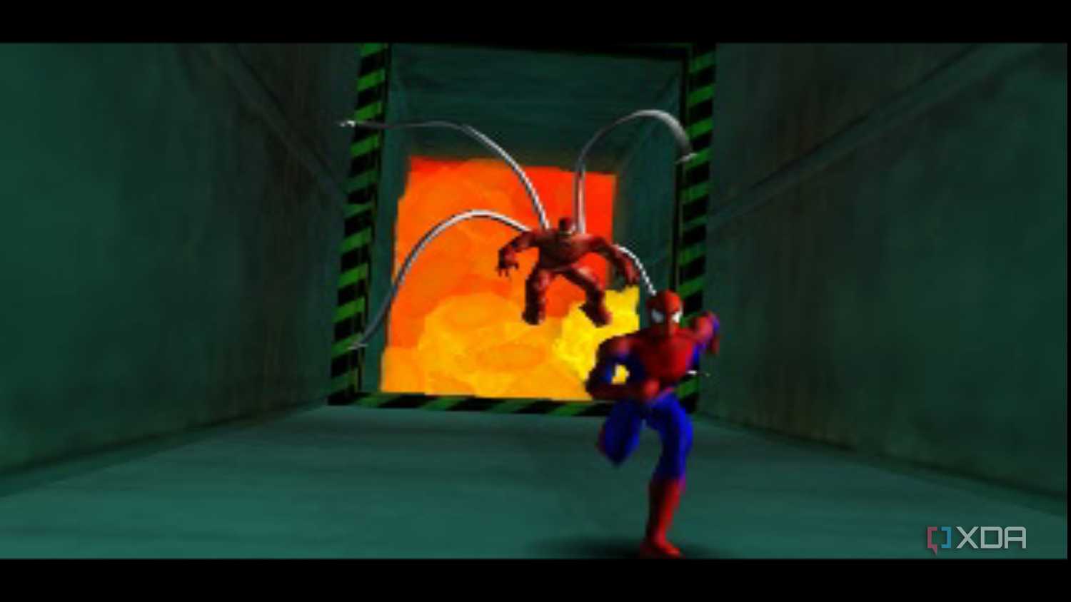 Spider-Man outrunning Monster Ock in 2000's Spider-Man game on the PS1.