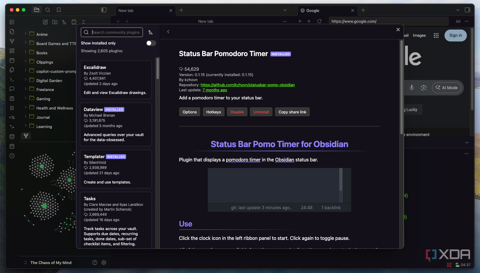 A screenshot of an Obsidian Pomodoro plugin.