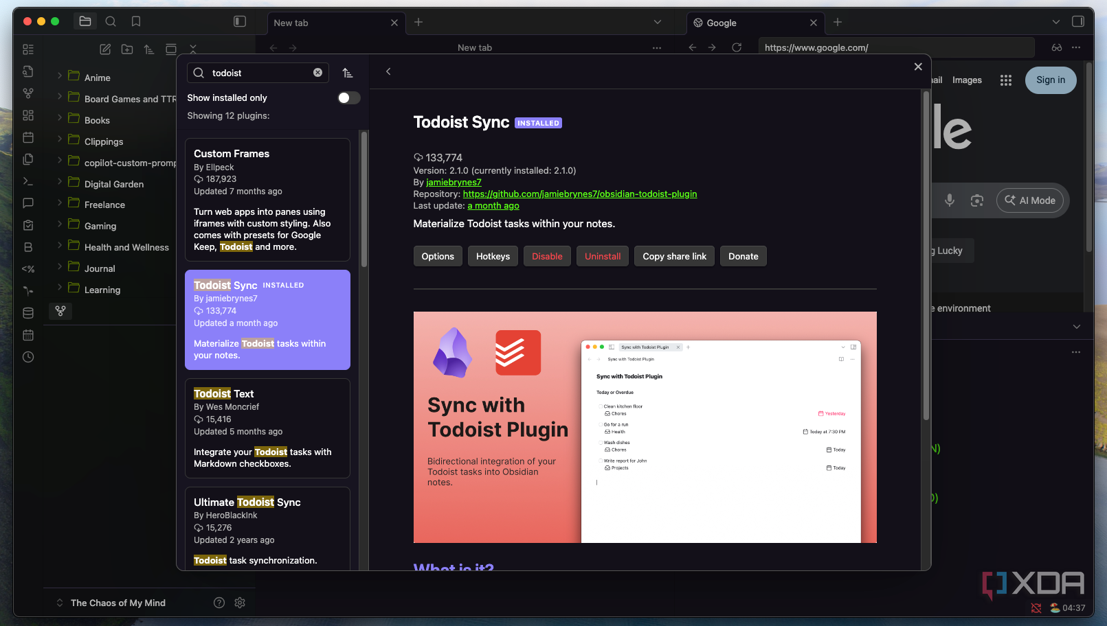A screenshot of Obsidian's Todoist Sync plugin.