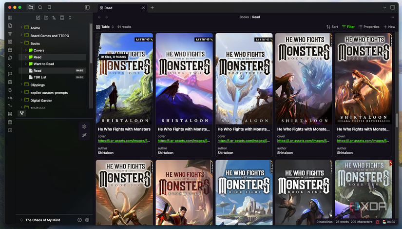 Una captura de pantalla de carpetas y contenidos de Obsidian.