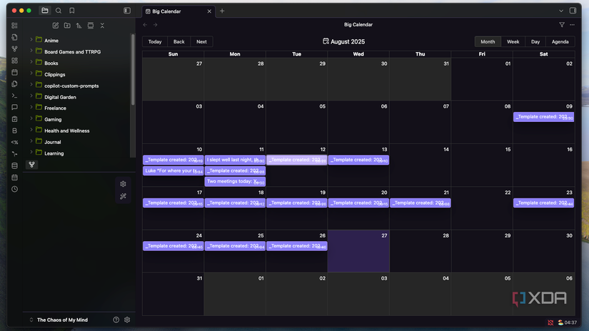 El gran complemento de calendario de Obsidian en uso.