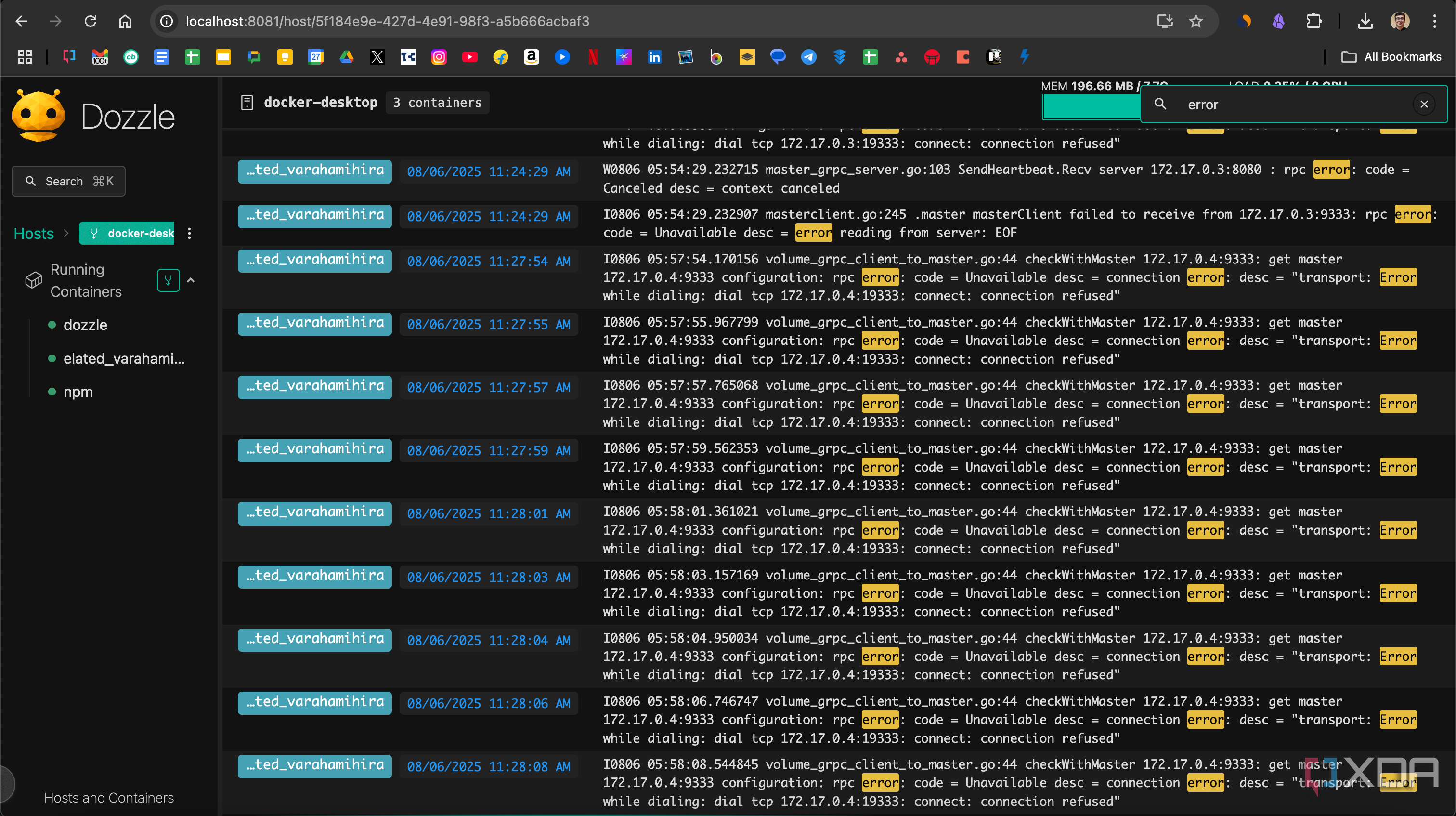 Search logs for errors on Dozzle