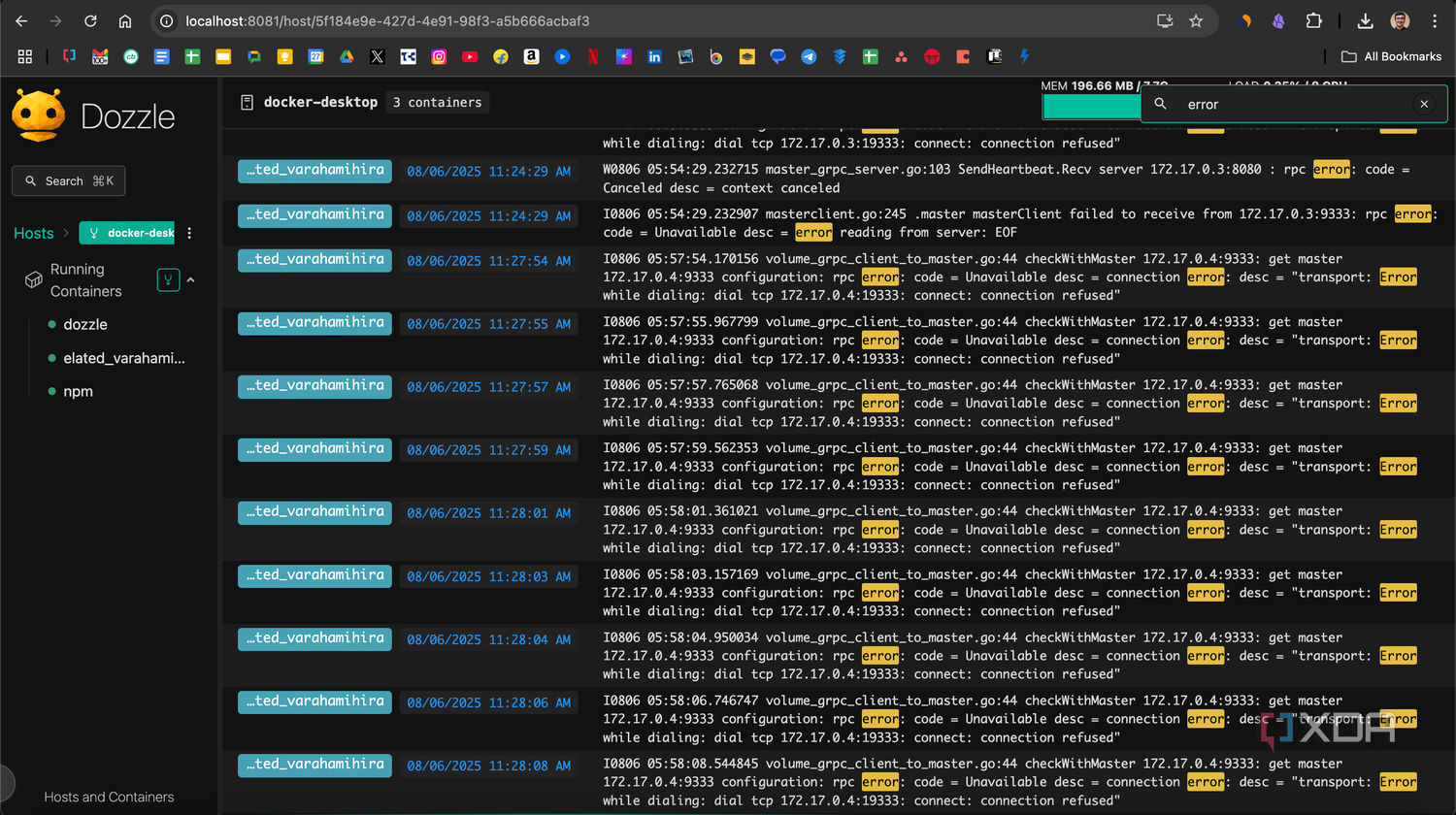 Search logs for errors on Dozzle