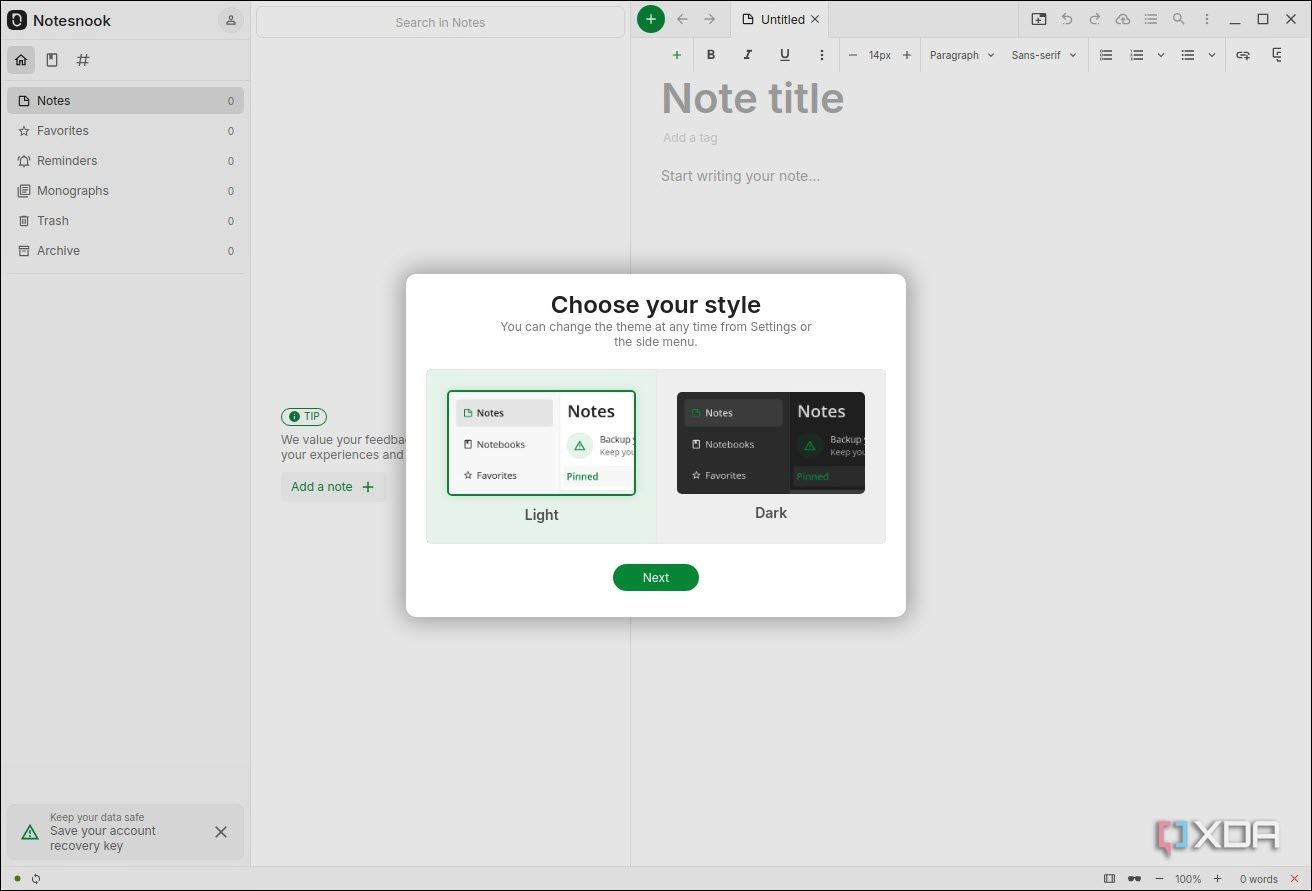 Selecting Notesnook style