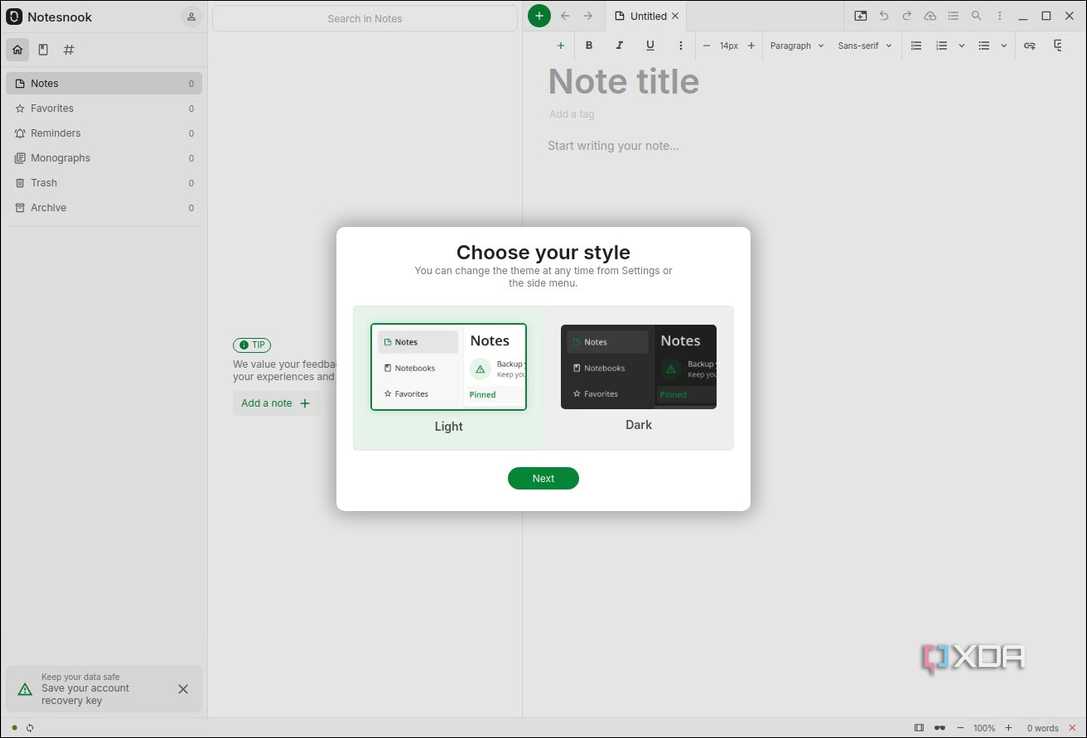 Selecting Notesnook style