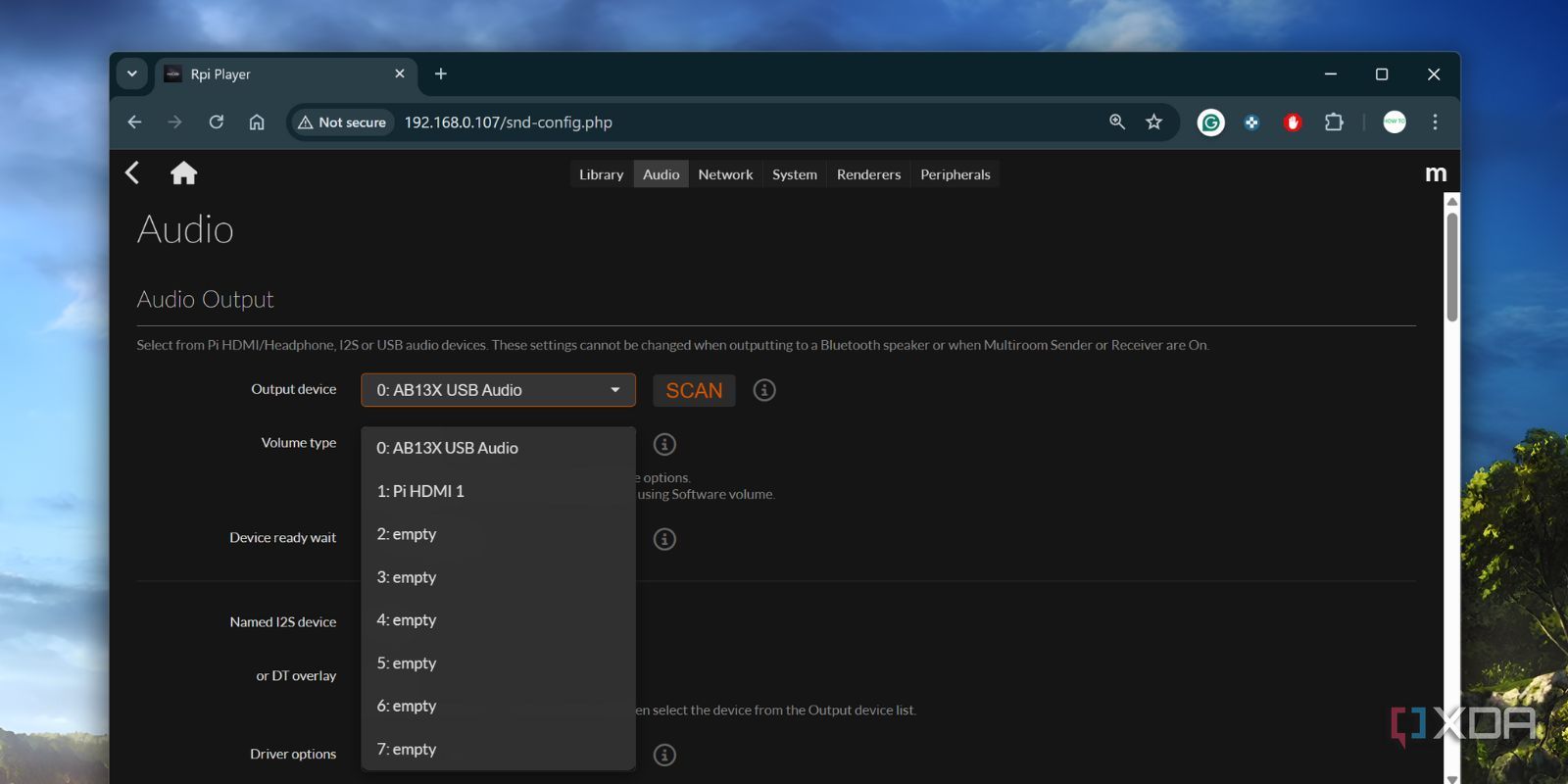 screenshot of selecting usb dac for moode audio os