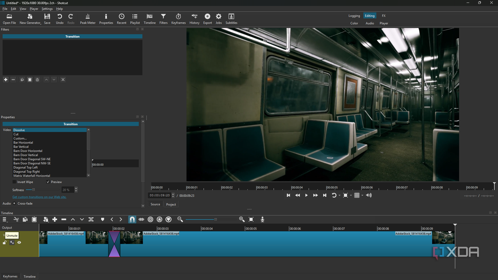 Shotcut creating clip transitions, train interior