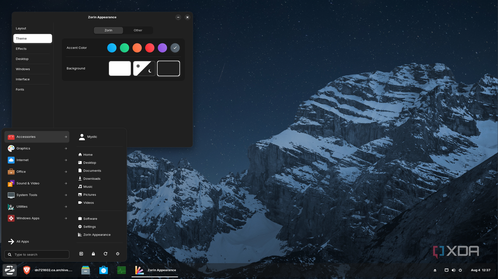 shows Zorin OS appearance settings