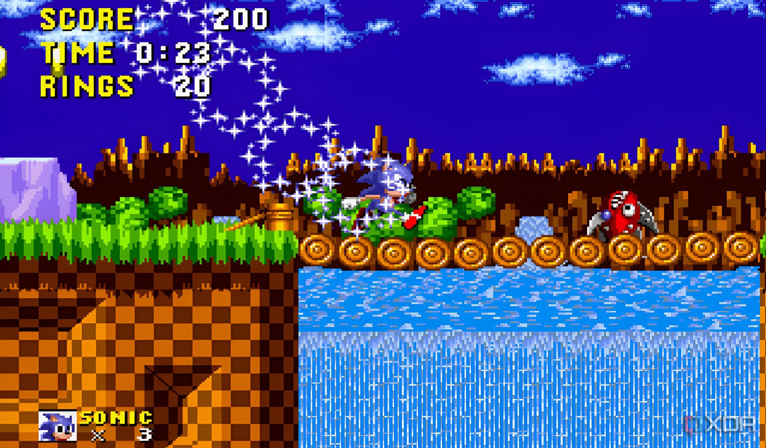 A screenshot of Sonic running while invincible in Sonic the Hedgehog