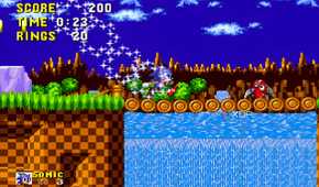 A screenshot of Sonic running while invincible in Sonic the Hedgehog