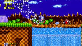 A screenshot of Sonic running while invincible in Sonic the Hedgehog