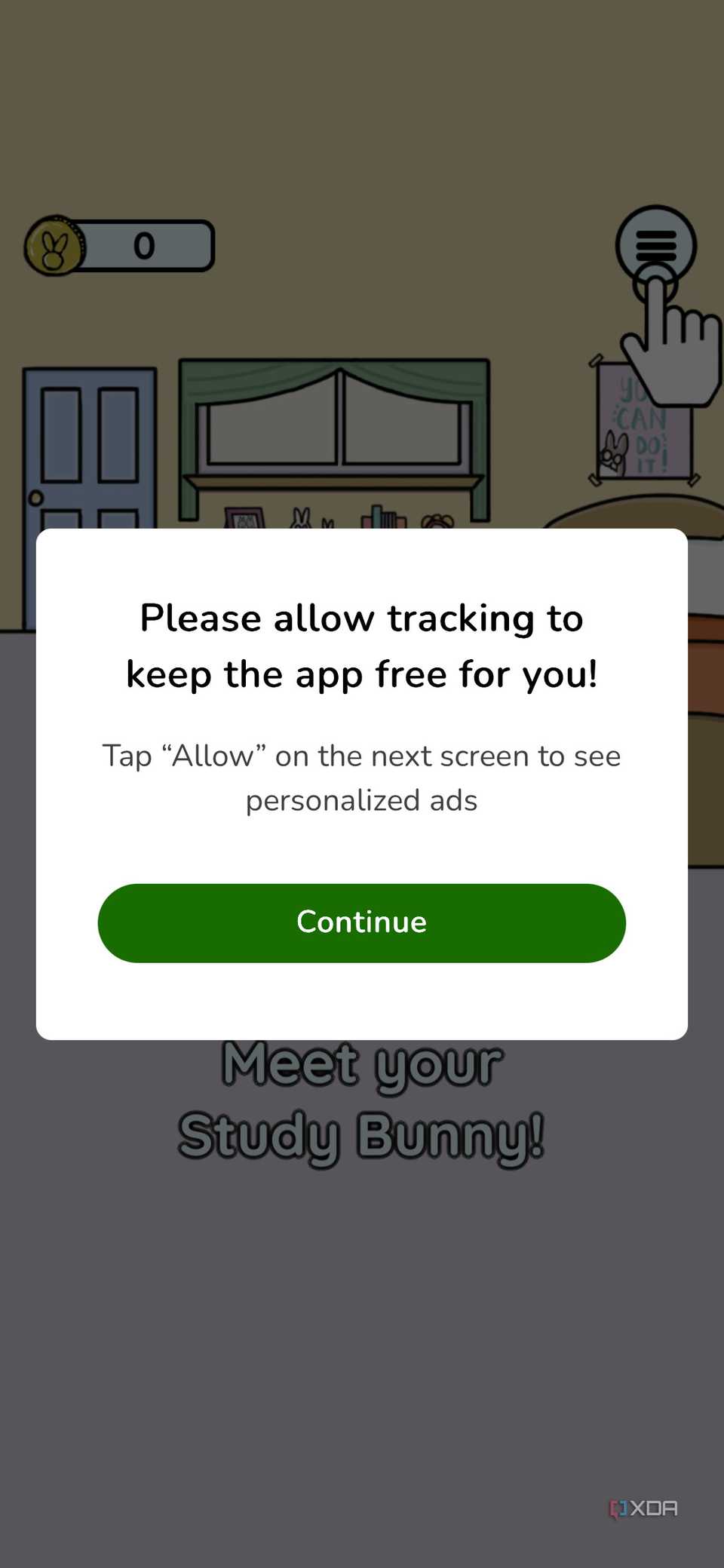 A screenshot of the tracking permissions screen on the Study Bunny app