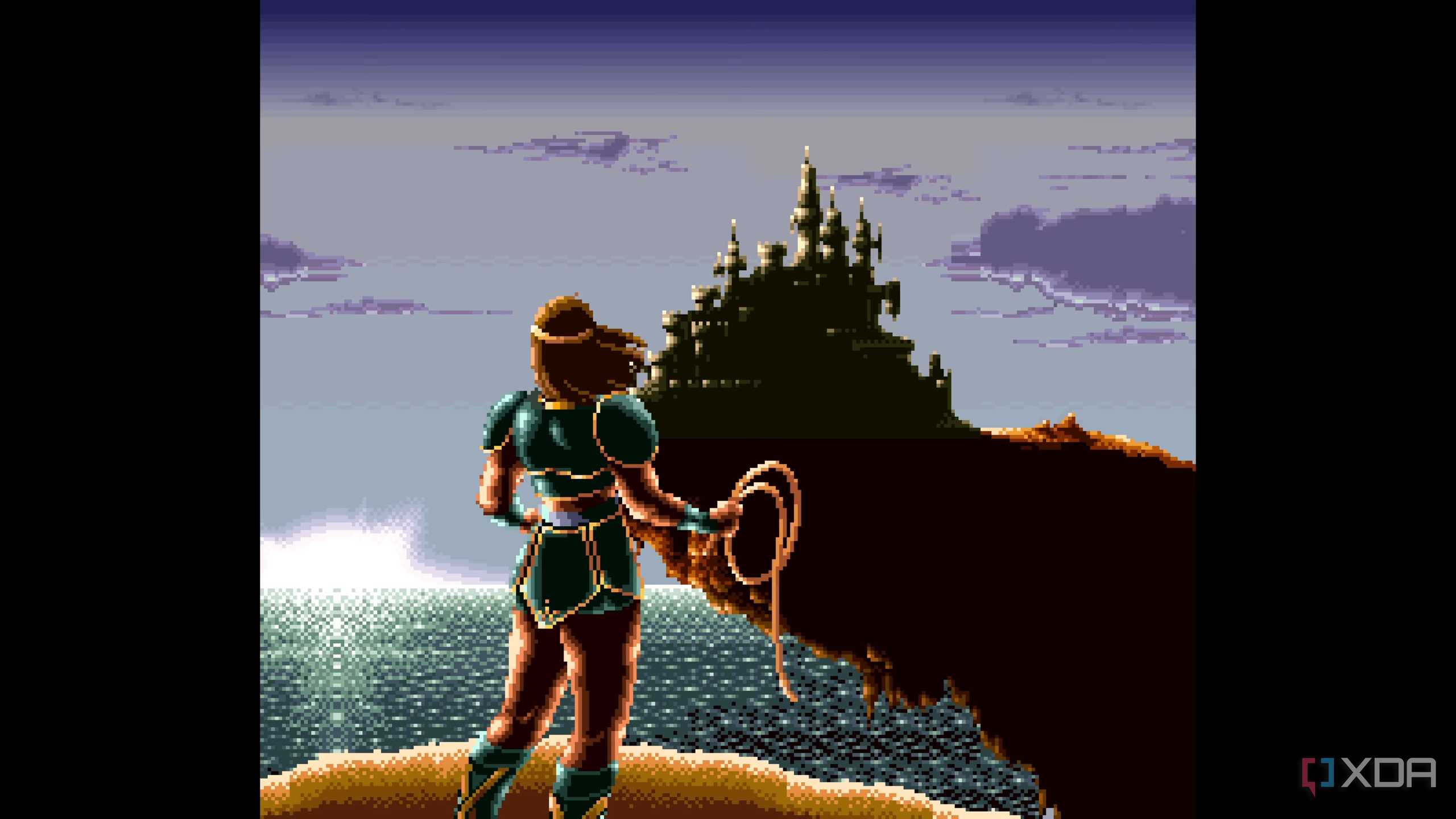 Simon looking at Dracula's castle at the end of Super Castlevania IV.