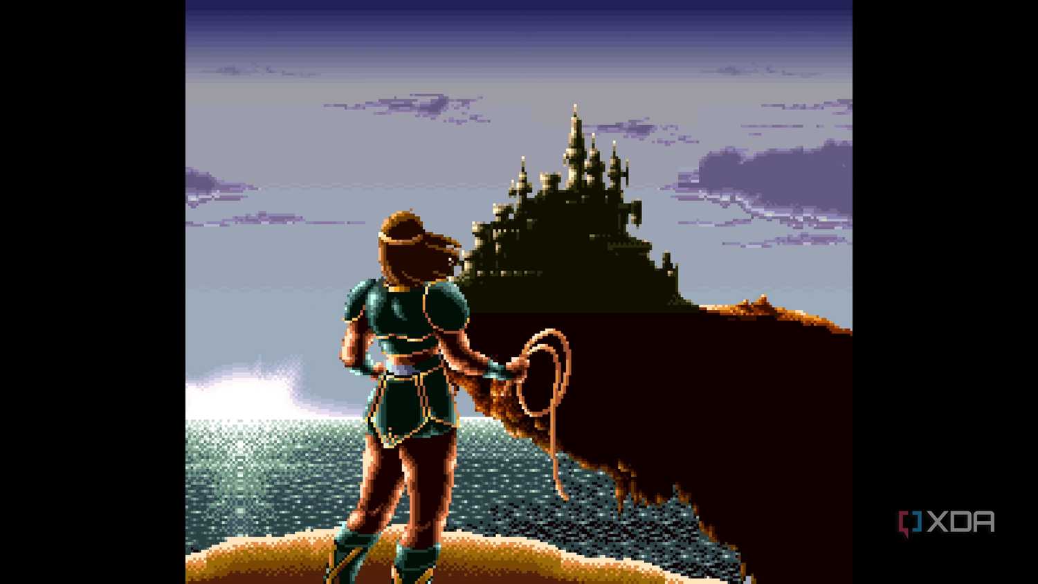 Simon looking at Dracula's castle at the end of Super Castlevania IV.
