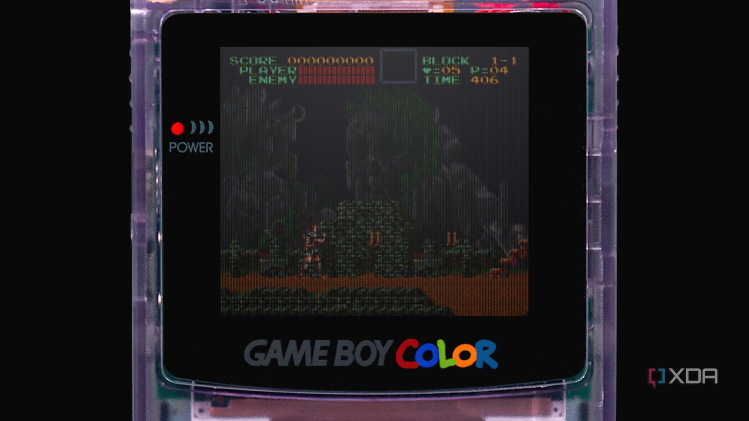 Super Castlevania IV running on a Game Boy Color filter in ShaderGlass.