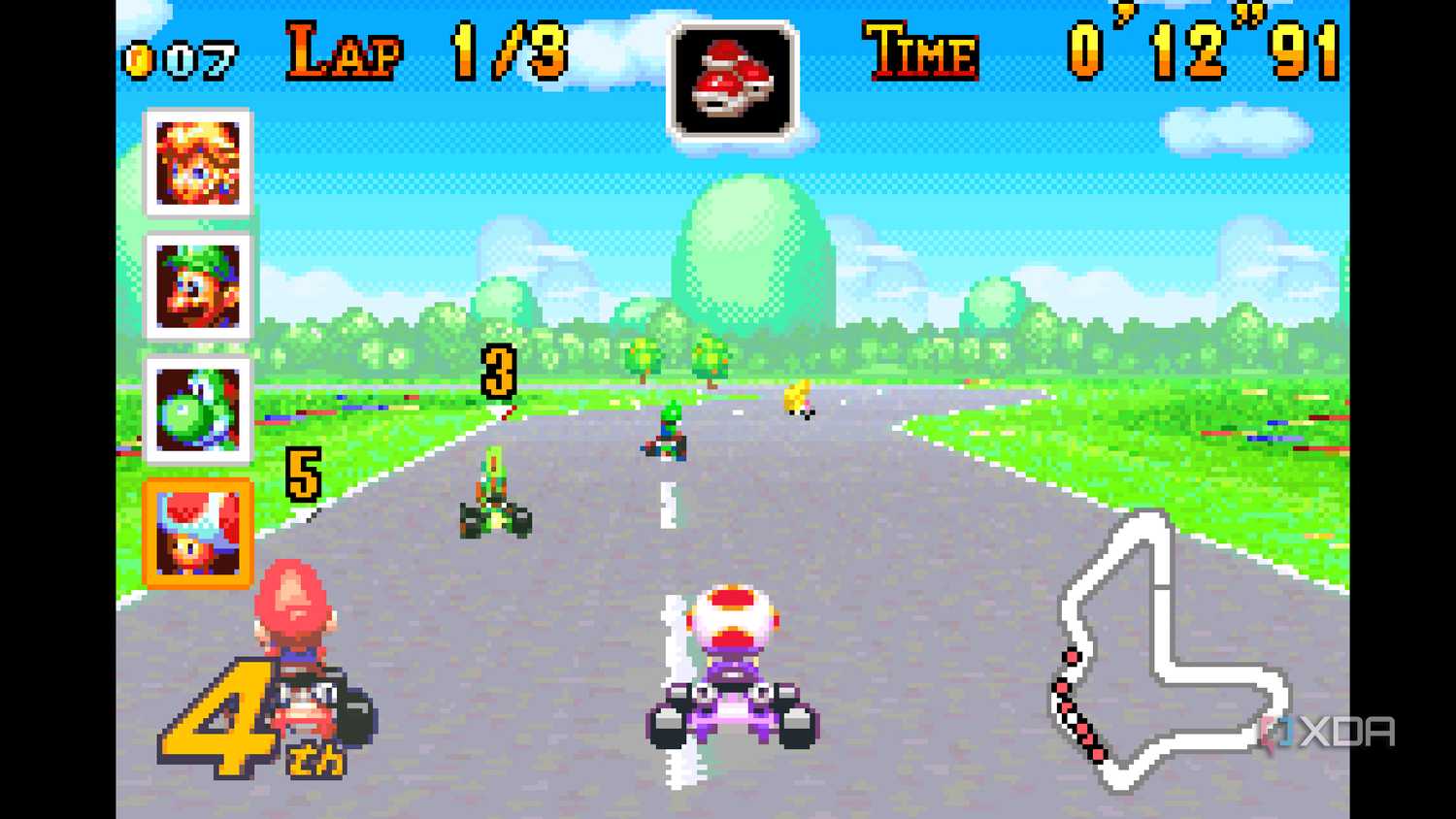 A screenshot from Mario Kart: Super Circuit on the Game Boy Advance.