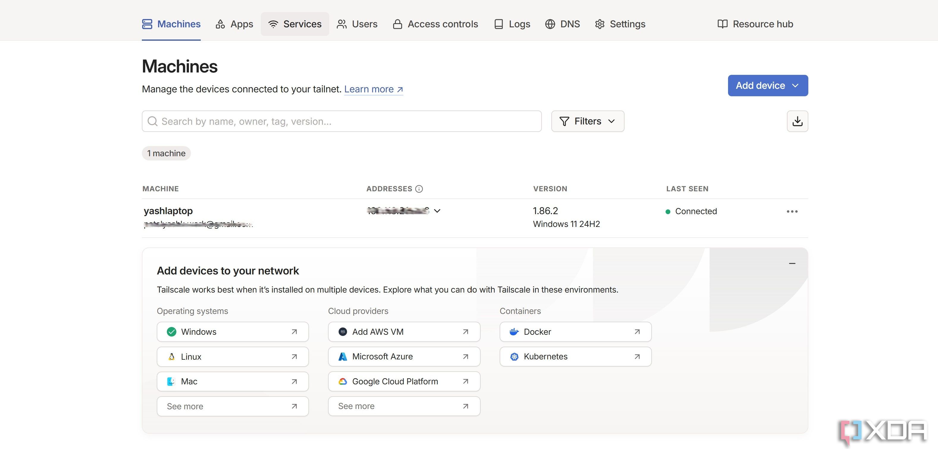 Admin console in Tailscale