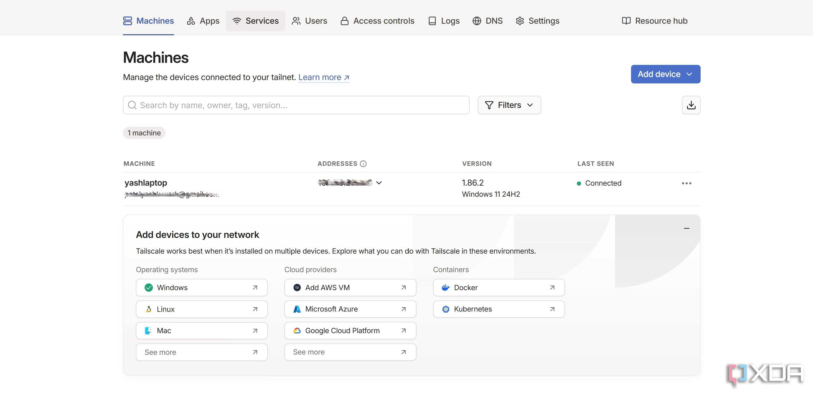 Admin console in Tailscale