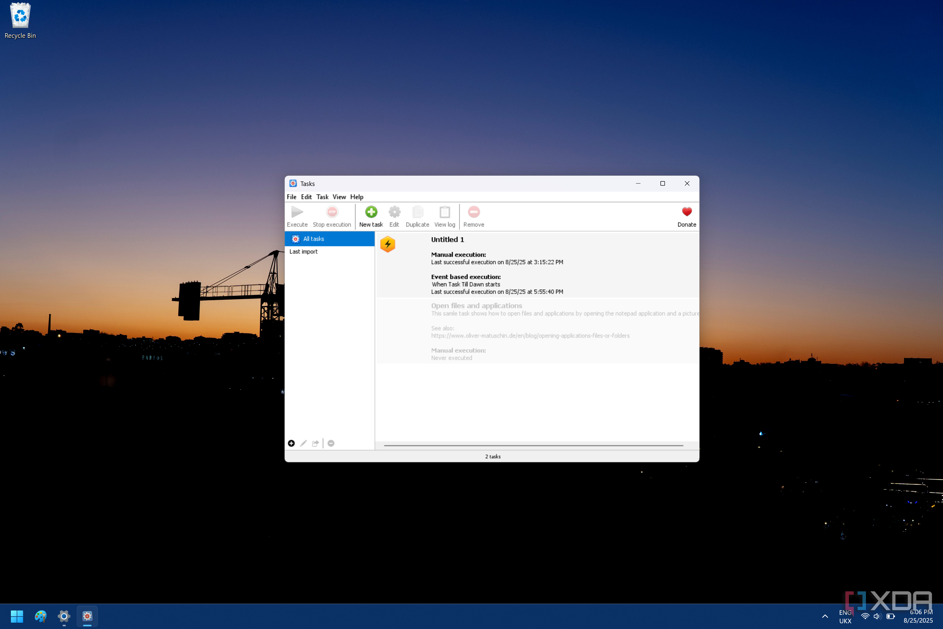 Screenshot of Task Till Dawn showing a list of tasks added to the program