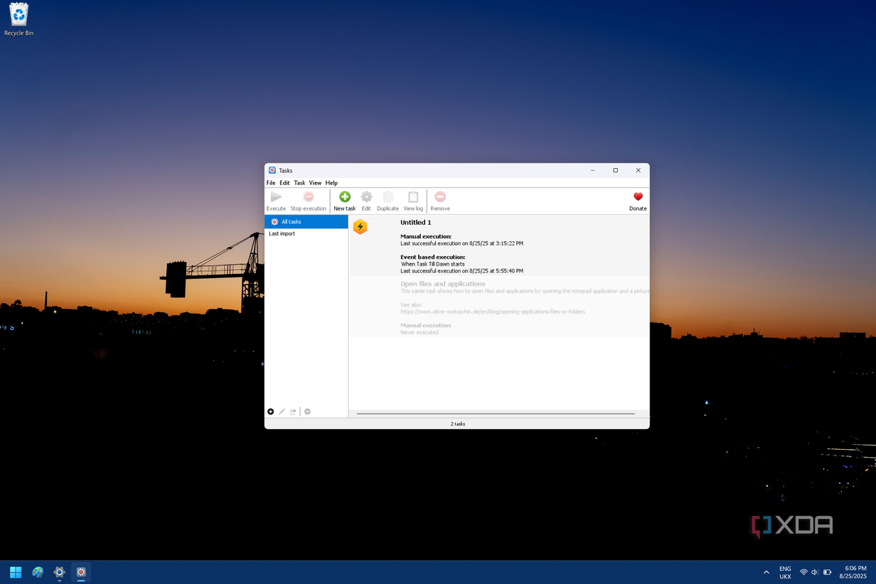 Screenshot of Task Till Dawn showing a list of tasks added to the program