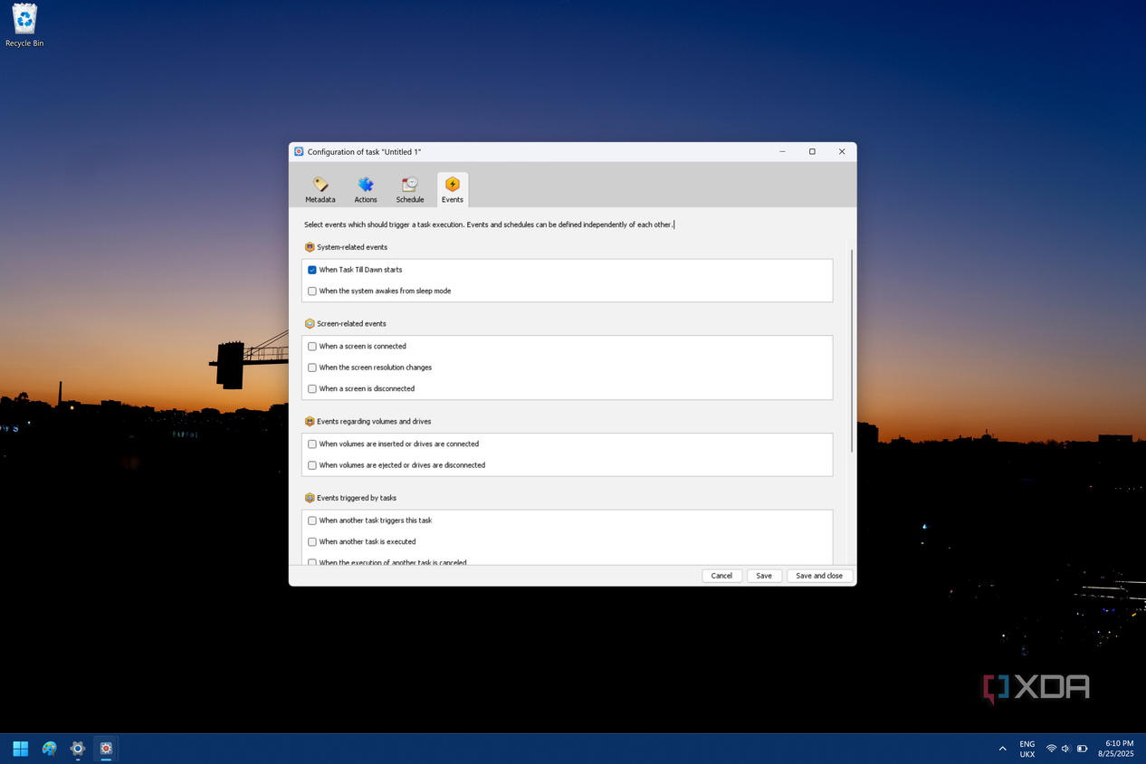 Screenshot of Task Till Dawsn showing event triggers for a task