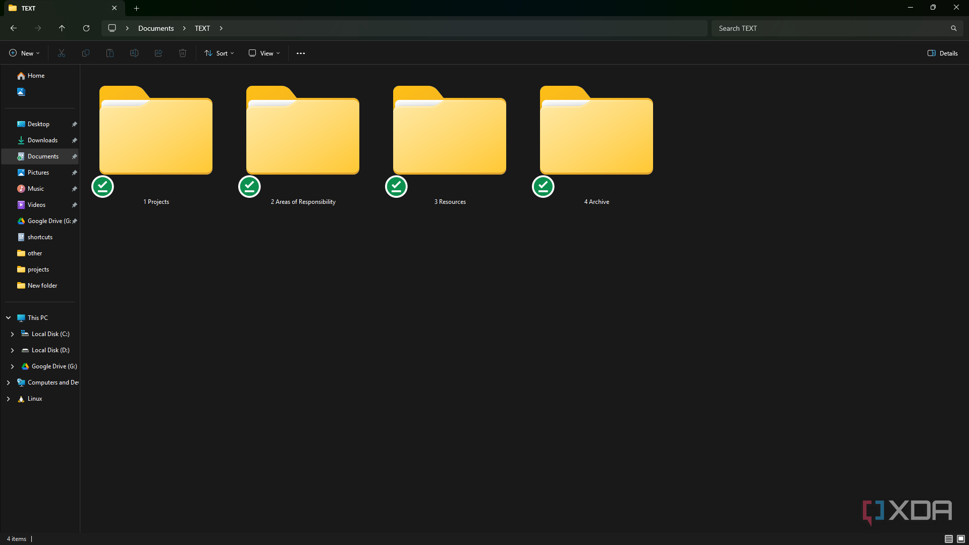 Text folder with PARA subfolders on Windows PC
