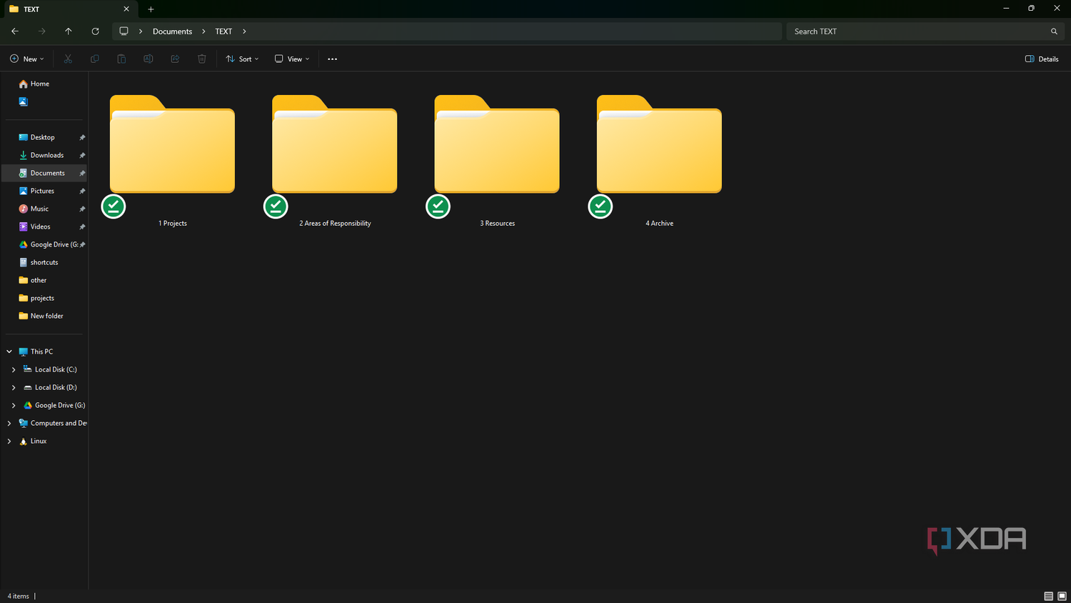 Text folder with PARA subfolders on Windows PC